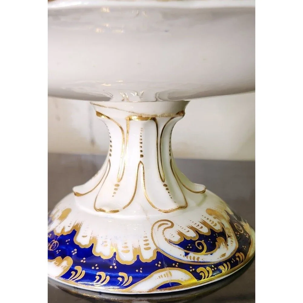 Antique Coalport Hand Painted Game Bird Compote Floral Cobalt Gold Tazza Comport